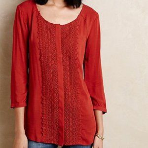 ANTHROPOLOGIE Crescent Street Buttondown Shirt Blouse Dark Red Orange Lace Front